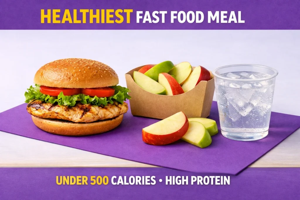 Healthy McDonald's meal with grilled chicken sandwich, apple slices and water