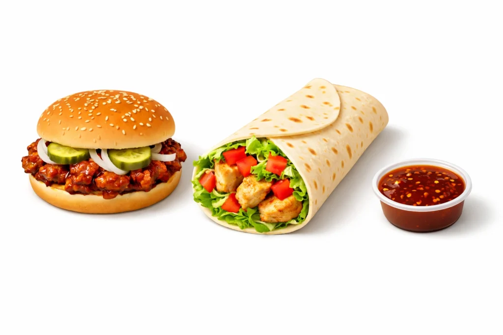 Collage of returning McDonald's menu items including the McRib and Snack Wrap
